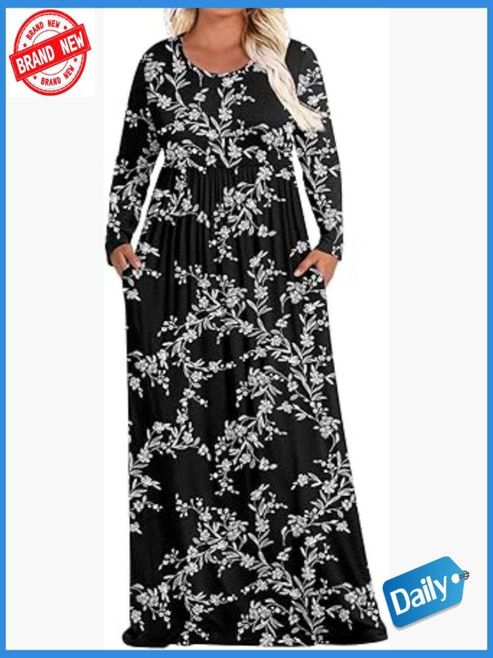 Plus Size Maxi Dress Long Sleeve with Pockets Casual Winter